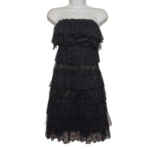 KATE YOUNG Polka Dot Print Strapless Tiered Layer Cocktail Black Dress 2 (XS)